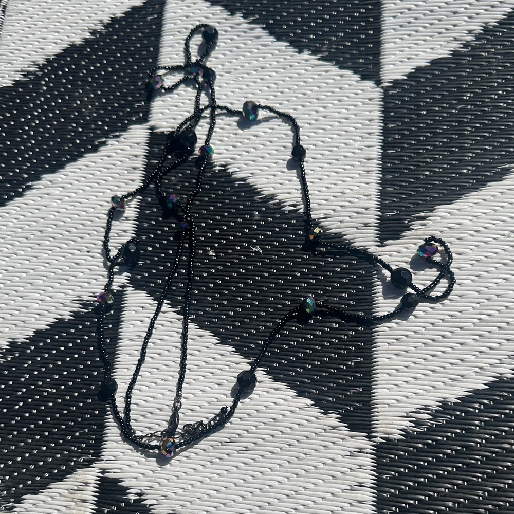Black extra long Beaded Necklace with Iridescent Accents